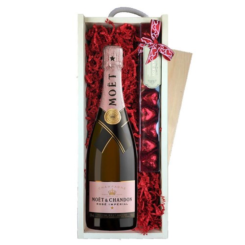 Moet & Chandon Rose Champagne 75cl & Chocolate Praline Hearts, Wooden Box